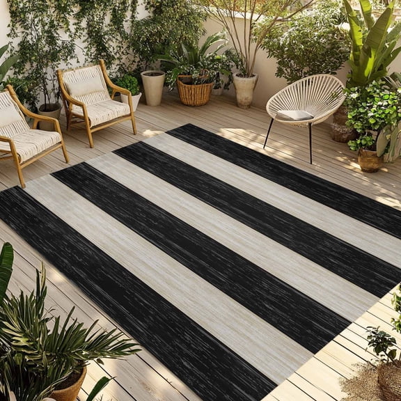 Black White Striped Outdoor Rug for Patio/Deck/Porch, Non-Slip Large Area Rug 5 x 8 Ft, Farmhouse Vintage Shabby Chic Wood Grain Indoor Outdoor Rugs Washable Area Rugs, Camping Rug Carpet Runner