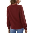 thumbnail image 4 of SWSMCLT Women's Lace Illusion Long Sleeve Shirt Waffle Knit Tshirt Soft Patchwork Fashion Crew Neck Sweatshirt Fall Top Burgundy 4, 4 of 4