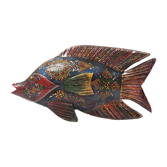 Artistically Hand Painted Wooden 12" Long Fish | Eclectic Fish Figurine Table Decor | Unique Unusual Shlef Accessories | Christmas Gift