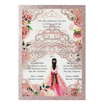Rose Gold Glitter Quinceanera Invitation Kit - 50 Blank Floral Crown Cards with Envelopes for Elegant Birthday Celebrations, Perfect for Quince Anos Events and Parties