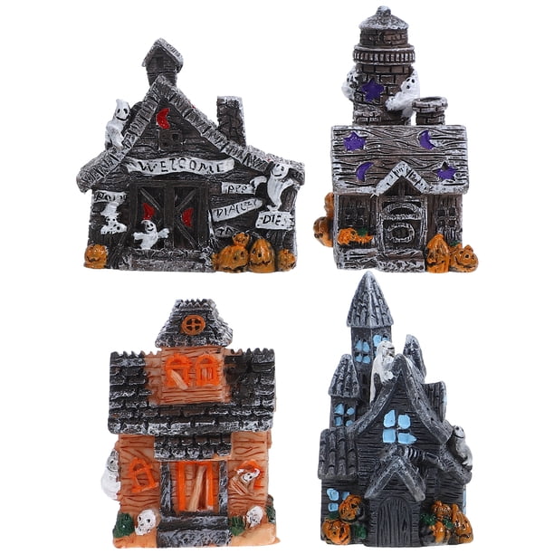GOOHOCHY Estatua de casa en miniatura de Halloween, figura de casa con micropaisaje, Mini casa en miniatura de Halloween, 4 Uds.