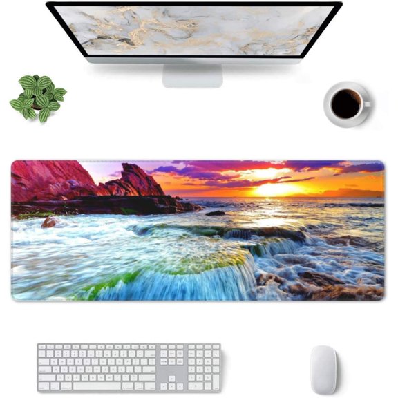 Sea Waterfall Scenery Gaming Mouse Pad Large Mouse Pad (31.5x11.8 Inch) Non-Slip Rubber Base Large Desk Mat Desk Protector for Home Office Gaming Work