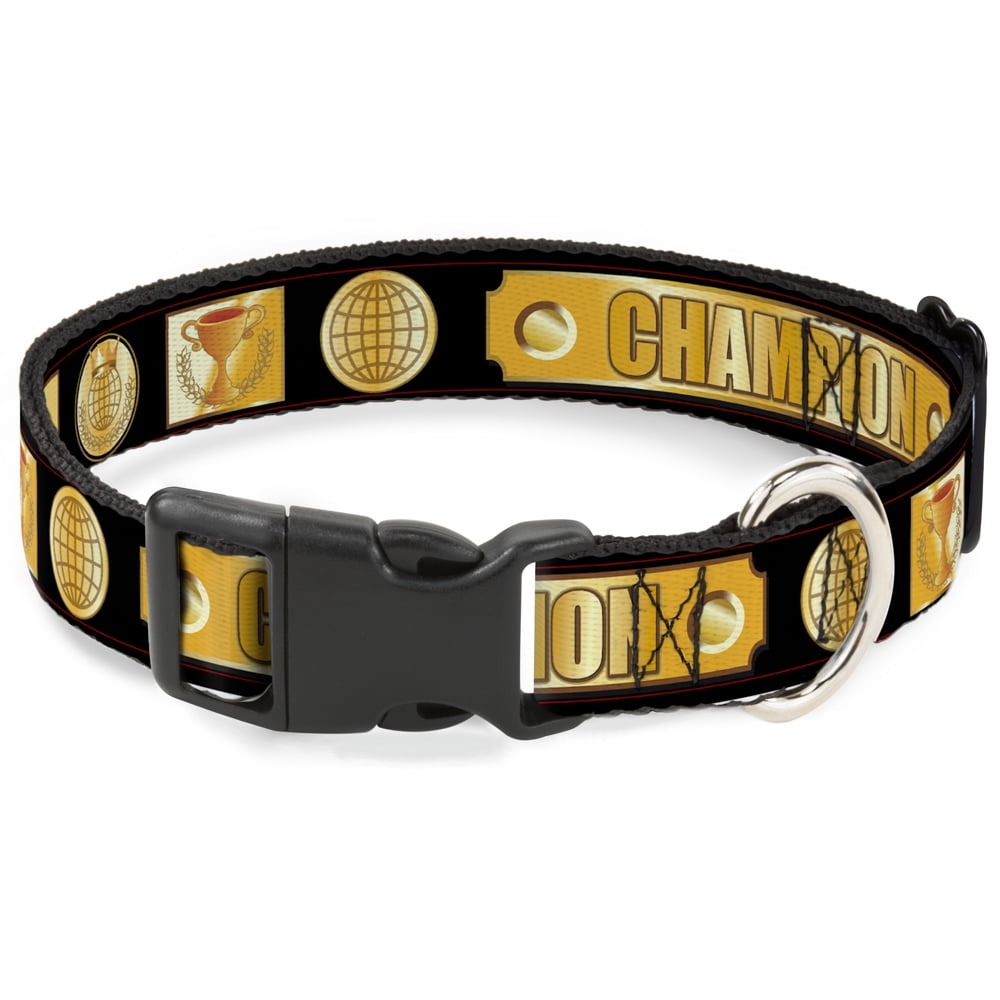 Buckle-Down Pet Collar, Dog Collar Plastic Buckle, Champion Belt Icons Black Golds, 9.5 to 13 Inches 1.0 Inch Wide