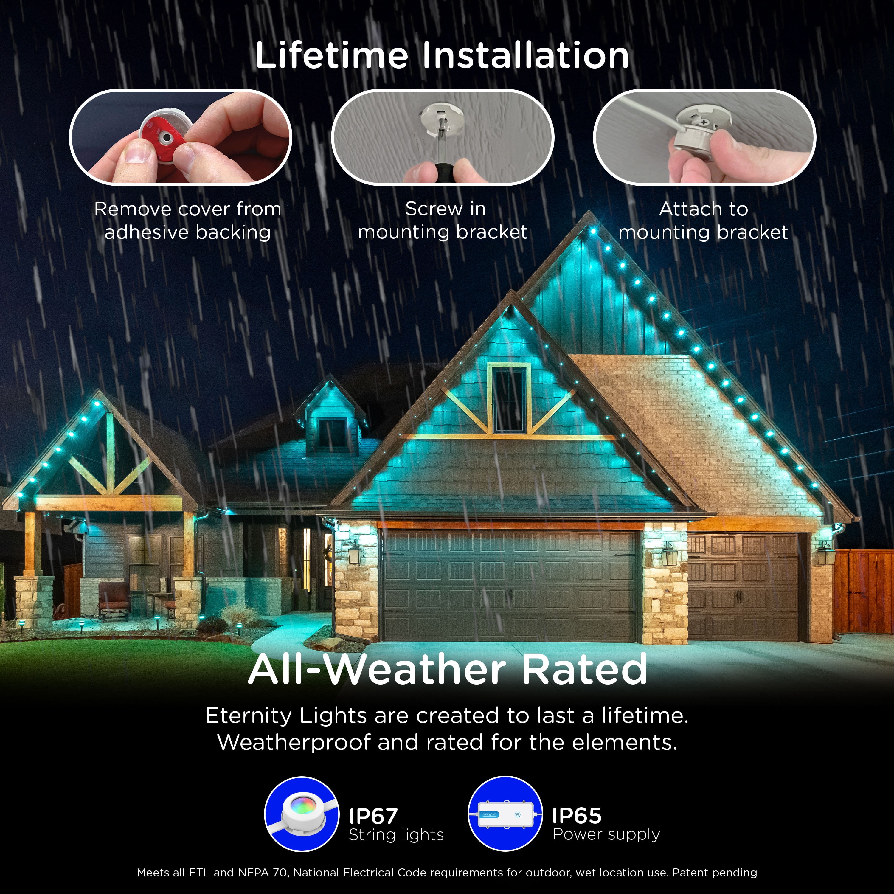 Enbrighten 100ft Wi-Fi Eternity Lights, Permanent Outdoor Lights, 72 LEDs, Smart LED Eaves Lights for Christmas, Halloween, Party, Game Day and More