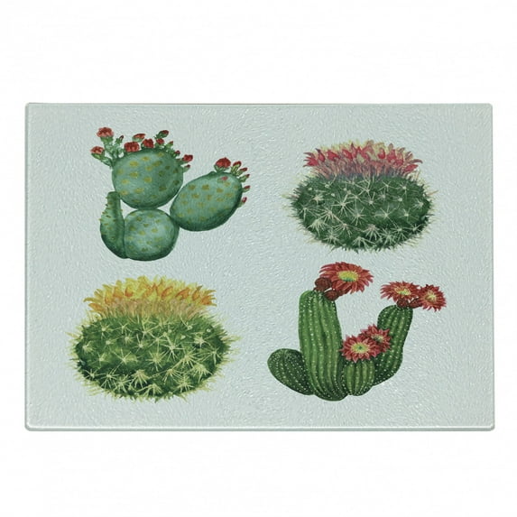 Cactus Cutting Board, Watercolor Art Inspired by Tropical Nature Mexican Desert Flowers Composition, Decorative Tempered Glass Cutting and Serving Board, Small Size, Multicolor, by Ambesonne