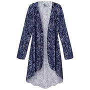 Women's Plus size 9x Extra Tall Cascading Cardigan Cascade Blue Medallion Chintz Designer Print Slinky Casual Long Flowy Drape Mid-Weight Duster Sweater Made in USA