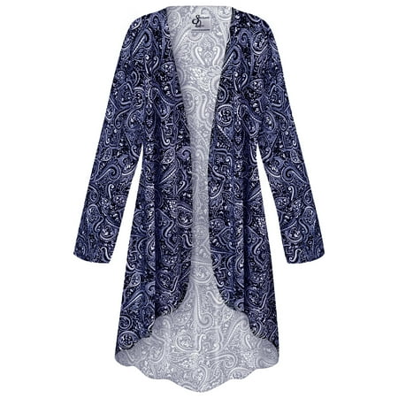 Women's Plus size 9x Extra Tall Cascading Cardigan Cascade Blue Medallion Chintz Designer Print Slinky Casual Long Flowy Drape Mid-Weight Duster Sweater Made in USA