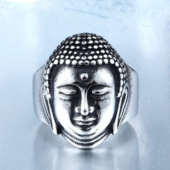 Men's Stainless Steel Vintage Chinese Style Buddha  Head Engraved Ring