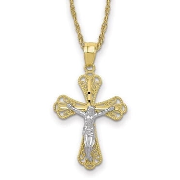 Solid 10K Yellow Gold Two Tone Filigree Crucifix Cross Pendant Necklace 1.2" 18"