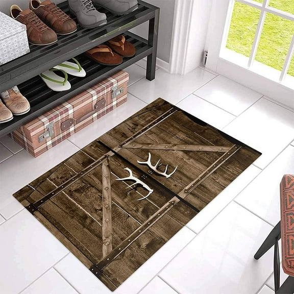 Farmhouse Wood Barn Door and Animals Horn Welcome Indoor Door Mats,Non Skid Bath Rugs Entrance Doormat Country Wooden Gate Thin Floor Carpet Mat for HomeBathroomKitchenBedroom Entry 24 x 16 Inch