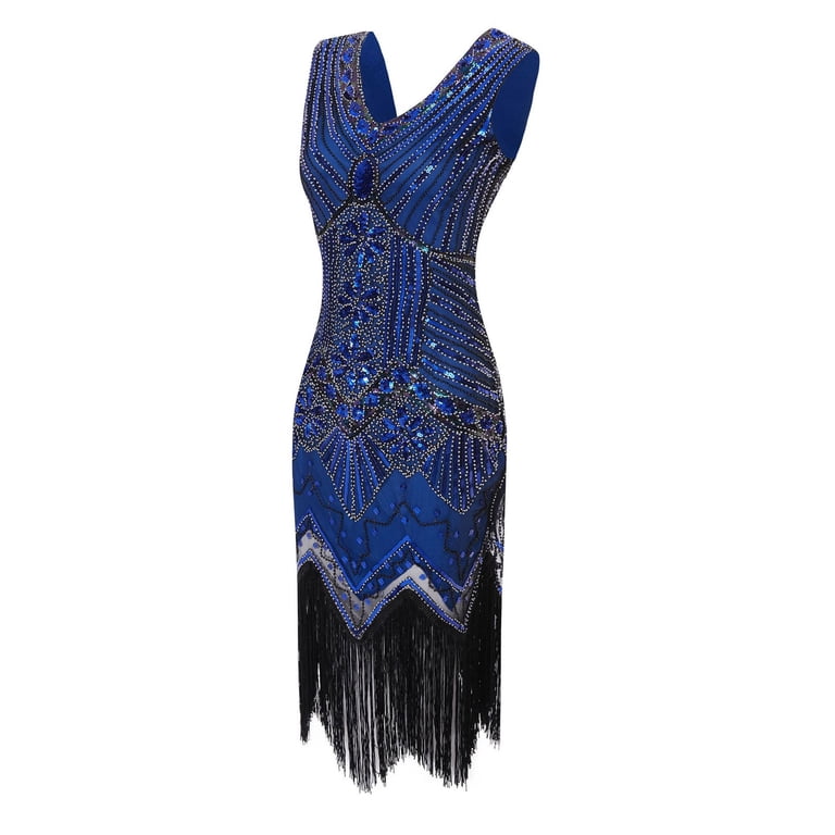 Vijiv 1920s Vintage Sequin Fringe Flapper Dress - Gatsby Party, Wedding, Prom Long Dress With Beaded Art Deco Design