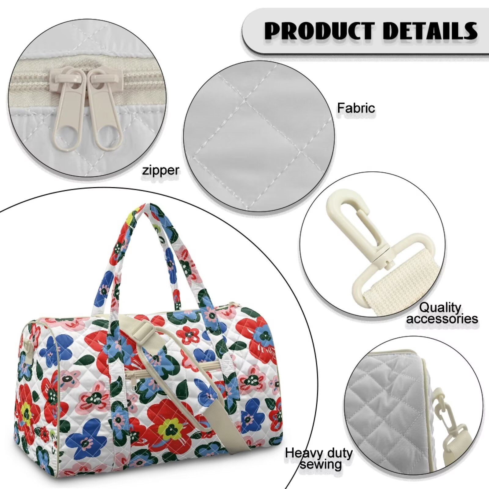 Garronmavis Large Floral Quilted Duffle Bag for Women, Cute Weekender Travel Carry On Overnight Bag with Pockets for Gym, Dance, Hospital Labor & Delivery