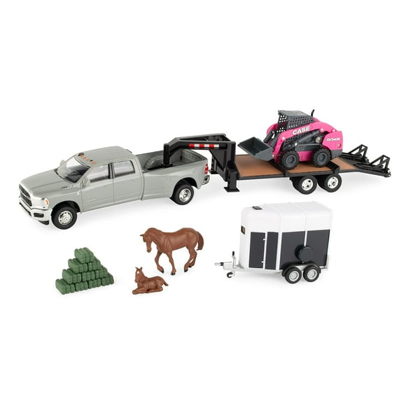 CASE Construction Farm Play Set - 1:32 Scale, Includes Pink Skid Loader, RAM Pickup Truck, Trailers, Horse Toys, and Hay Bales