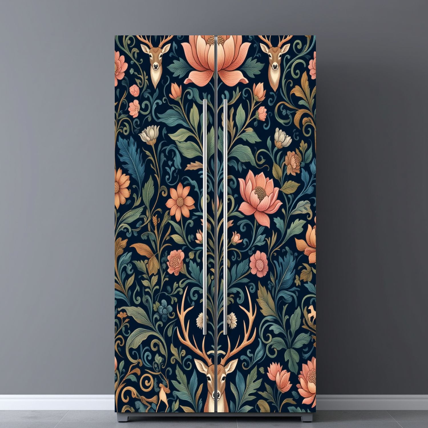 Self Adhesive Vinyl Refrigerator Wrap Set Dark Academia Botanical Floral Deer Seamless Door Mural Removable Fridge Sticker Peel and Stick&nbsp;Full Door Cover Decal Kitchen Bar Decor