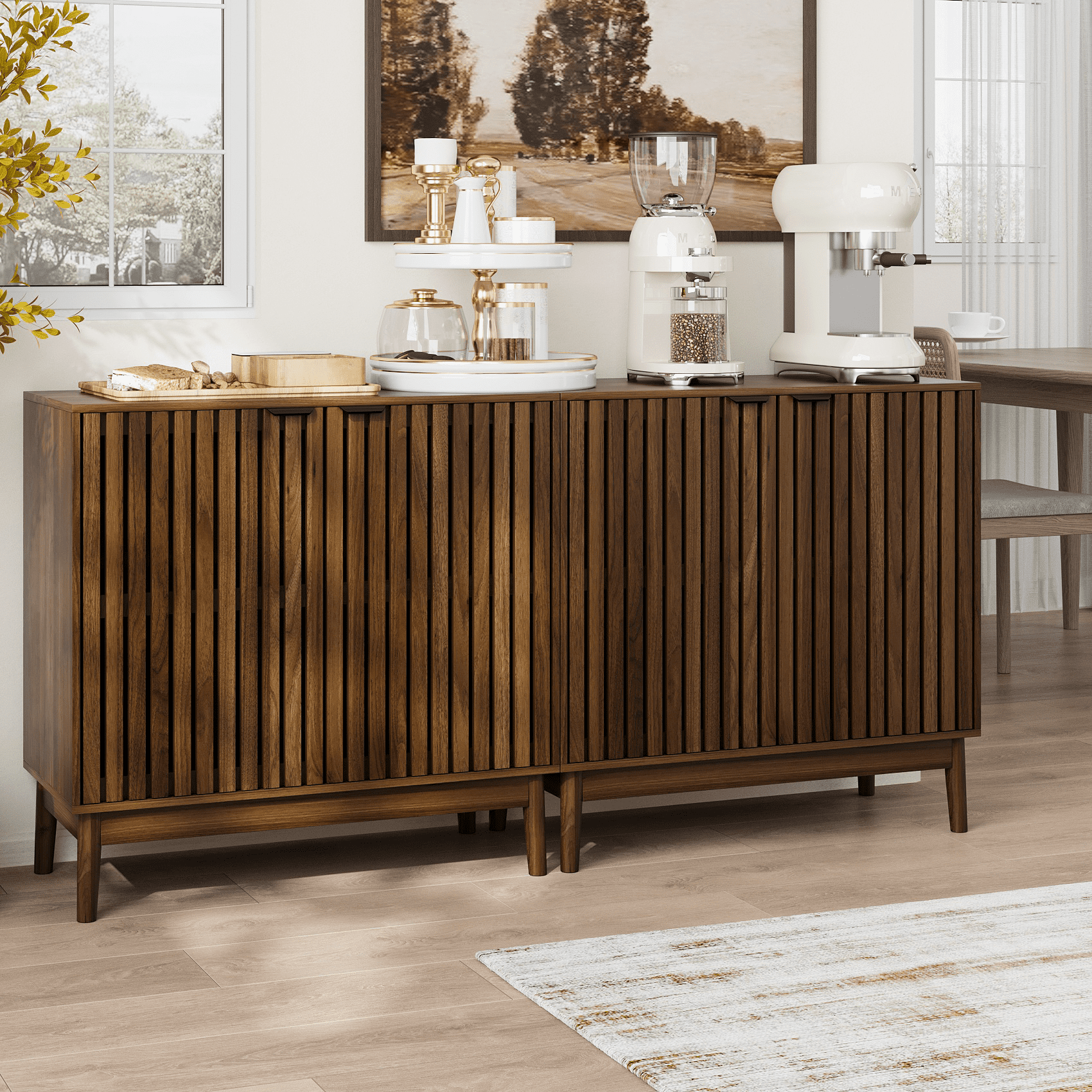 Algherohein Sideboard Cabinet with 4 Door & Adjustable Shelves, Kitchen Storage Organizer, Home Decor TV Stand for Living Room, Walnut