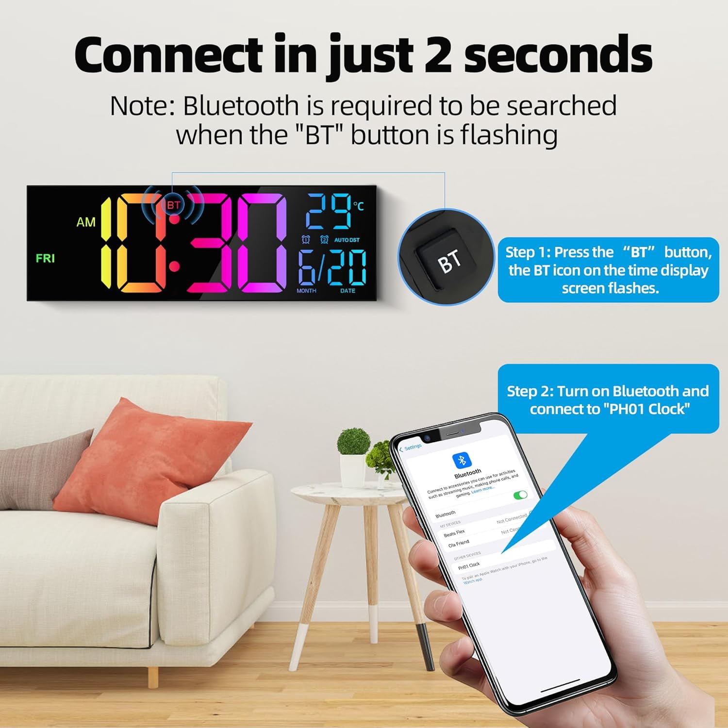 16 inch Large Digital Wall Clock, 8 RGB Lights with Remote Control, Dual Alarms with Big LED Display
