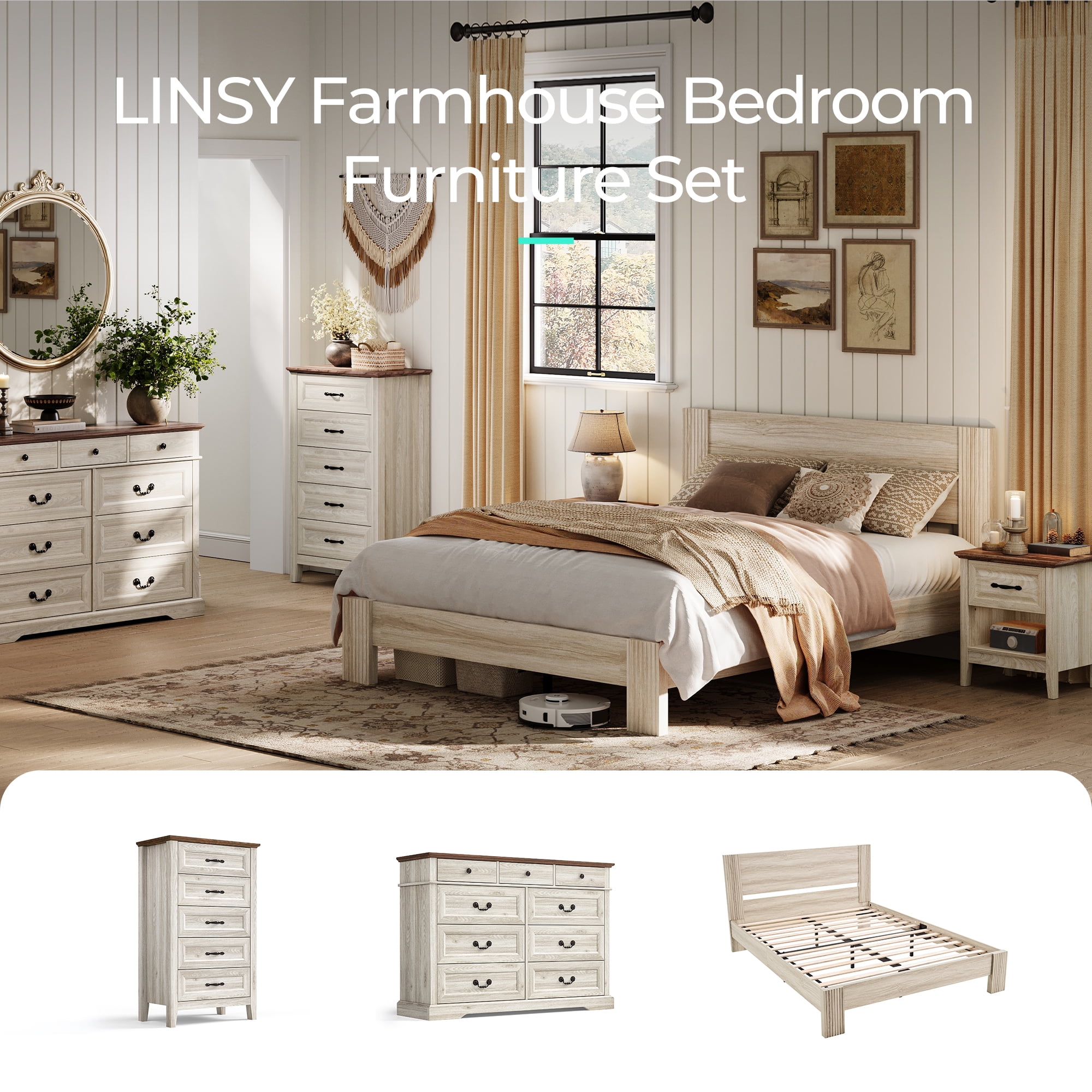 Linsy Home Nightstand for Bedroom set of 2 with Charging Station, Farmhouse End Tables for Living Room set of 2 with Drawer, Beige