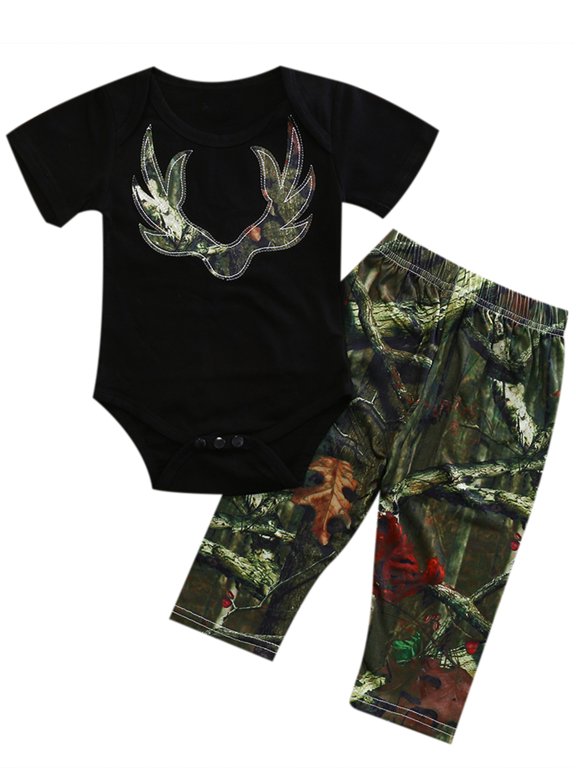 Newborn Baby Boy Clothes Deer Head Romper Camo Long Pants 2PCS Outfits Set