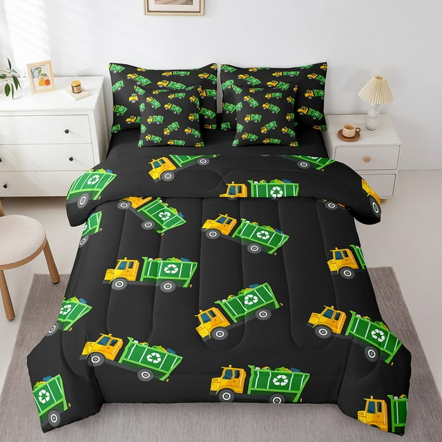 Erosebridal Cartoon Vehicle Bedding Sets Full Size, Garbage Car Comforter Sets with Sheets, Trash Truck Decor , Reversible