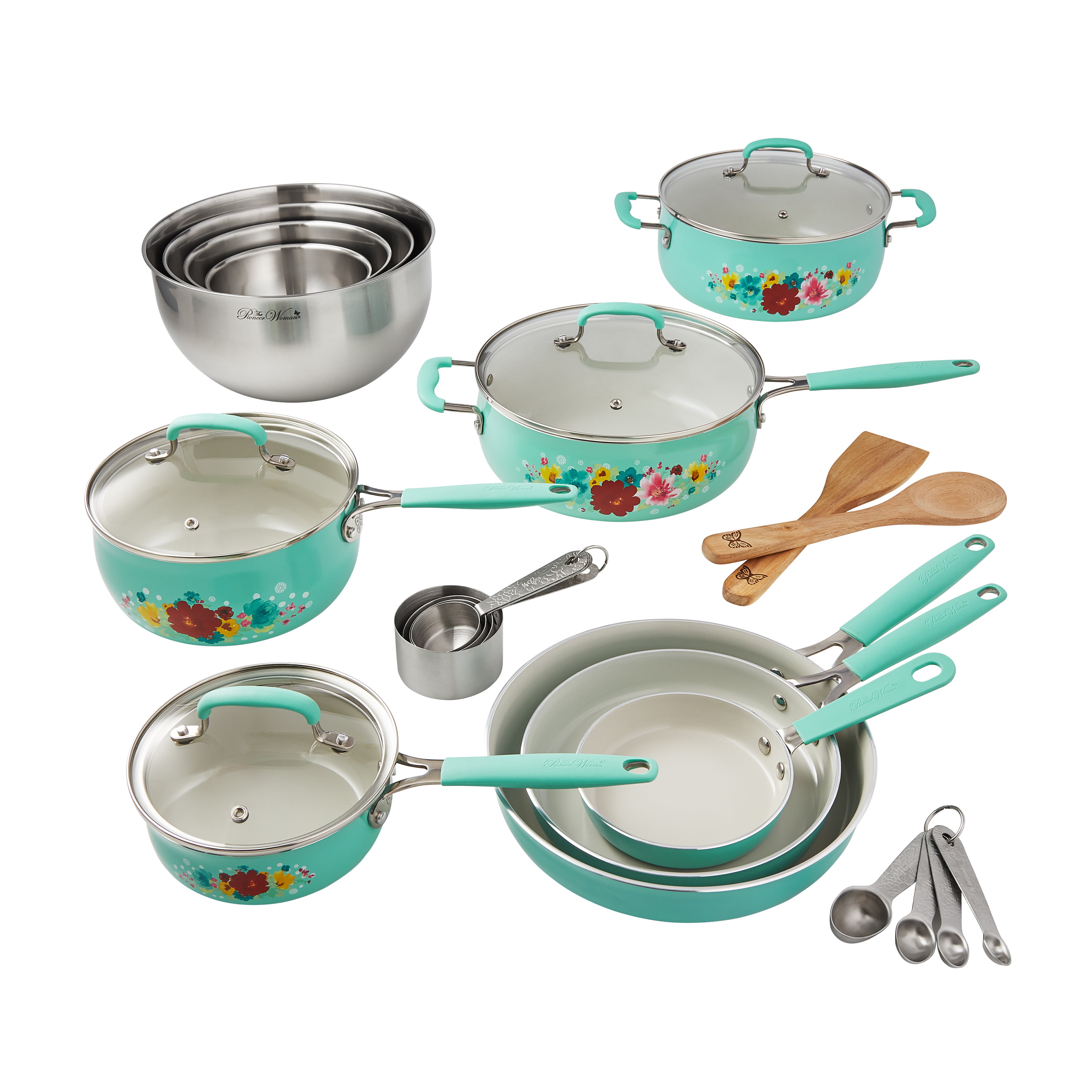 The Pioneer Woman Frontier 24 Piece Cookware Combo Set Pots Pans Stainless NEW 