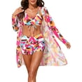 thumbnail image 1 of INSPIRAR CHIC Conjuntos de bikini fruncidos con estampado floral de 3 piezas, bata de manga larga, pantalones cortos de baño, color rosa rojo y amarillo, tamaño pequeño, 1 of 6
