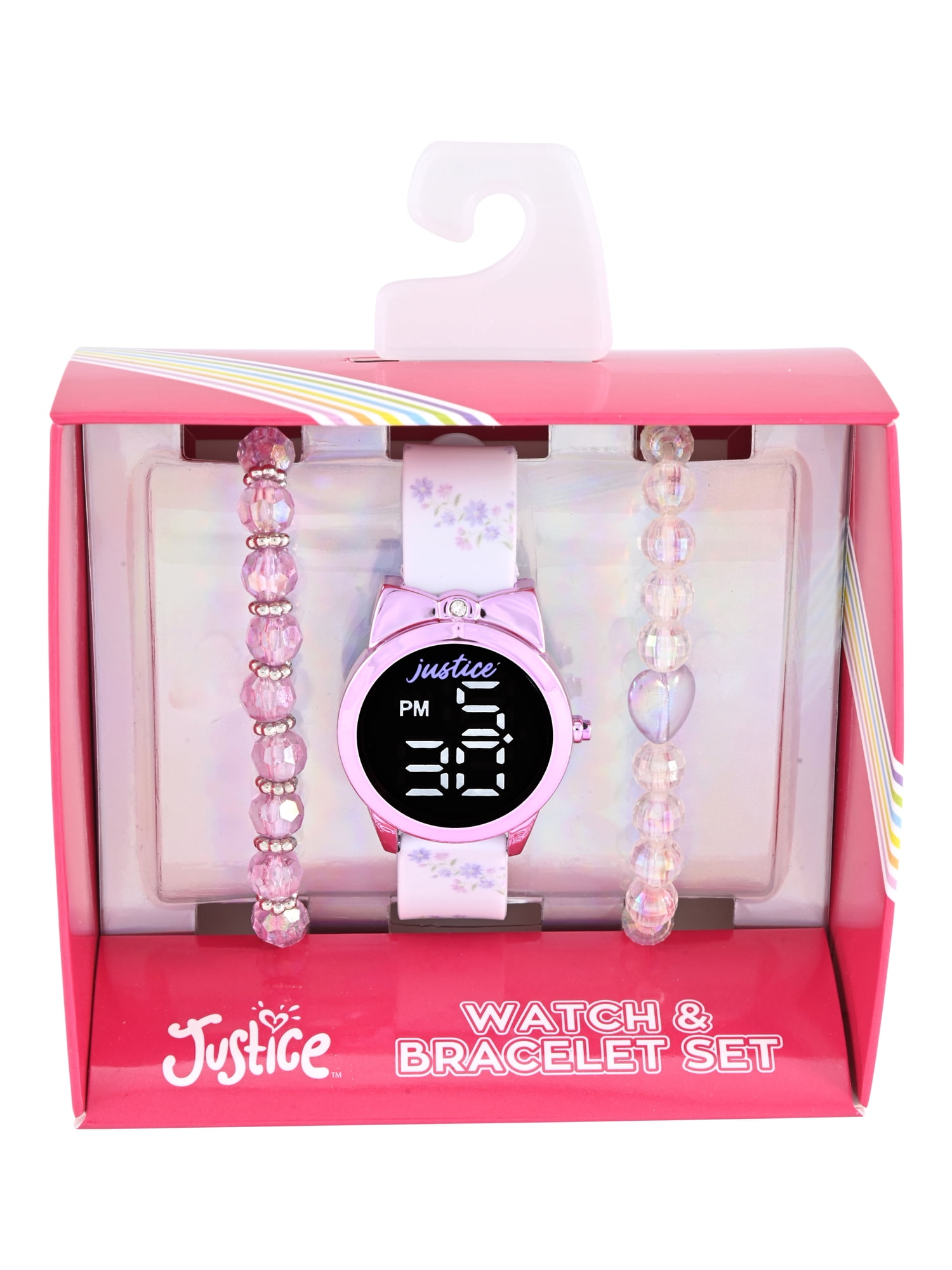Justice Girls White Floral Printed Silicone Strap Watch with Purple Metallic Bow Shaped Case & Matching Stretch Bracelets; JSE40312WM