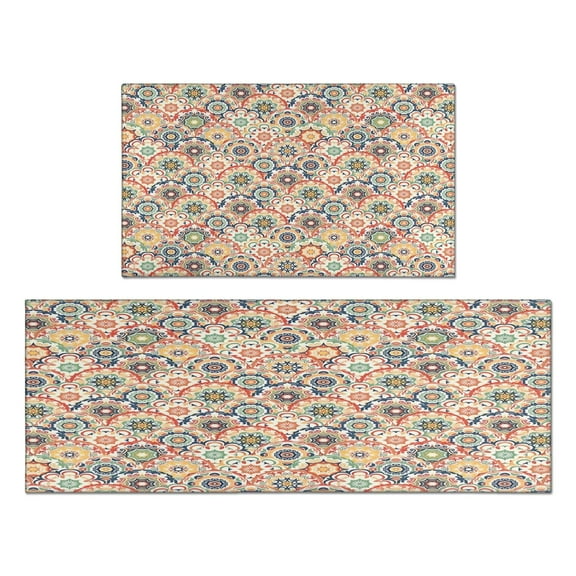Boho Retro Brown Diamond Pattern Kitchen Rugs and Mats Sets Of 2,Kitchen Decoration Rugs,Rubber Backing Non-Slip Floor Mat for Sink Washable Waterproof Laundry Room Runner Rugs