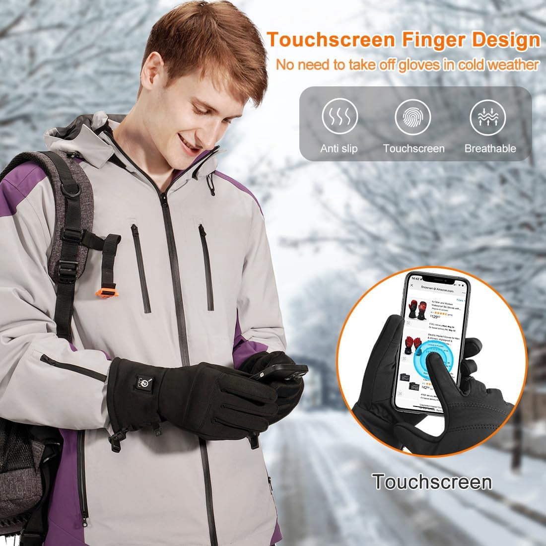 SAVIOR HEAT Heated Glove Liners, 7.4V Rechargeable Heated Gloves with Touchscreen Function Thin Electric Gloves for Winter Hiking Riding Bicycling Skiing