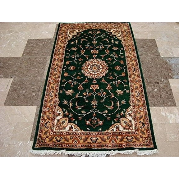 Ahmedani Linen Exclusive Dark Green Floral Medallion Adult Home Decor Floor Area Rug Hand Knotted Wool Silk Indoor Carpet (5 x 3)'