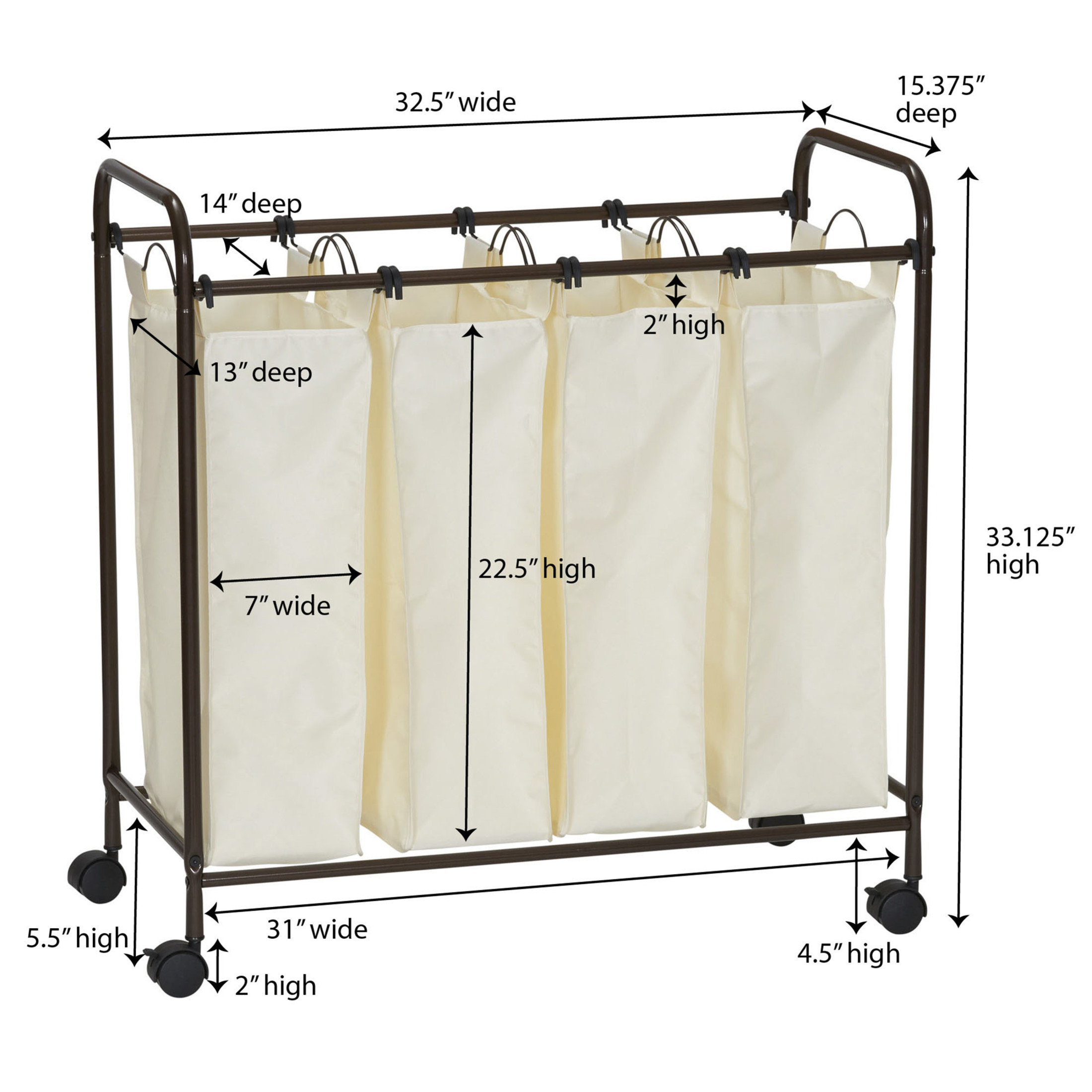 Household Essentials Rolling Quad Sorter Laundry Hamper with Natural ...