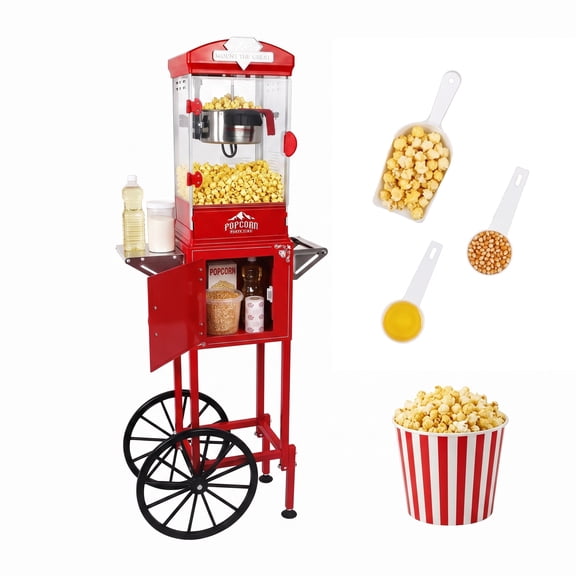 Dolonm 10 oz Popcorn Machine Cart with Wheel, Stainless-Steel Kettle Popcorn Maker Cart Makes up to 40 Cups for Commercial Home Movie Party, Red
