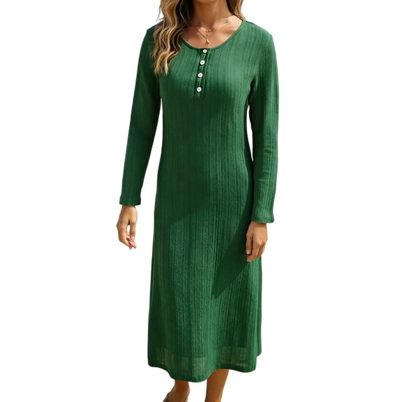 Xdegoge Long Sleeve Dress for Women, Ribbed Knit Button Placket Midi Dresses with Crew Neck, Fall Winter Casual Office