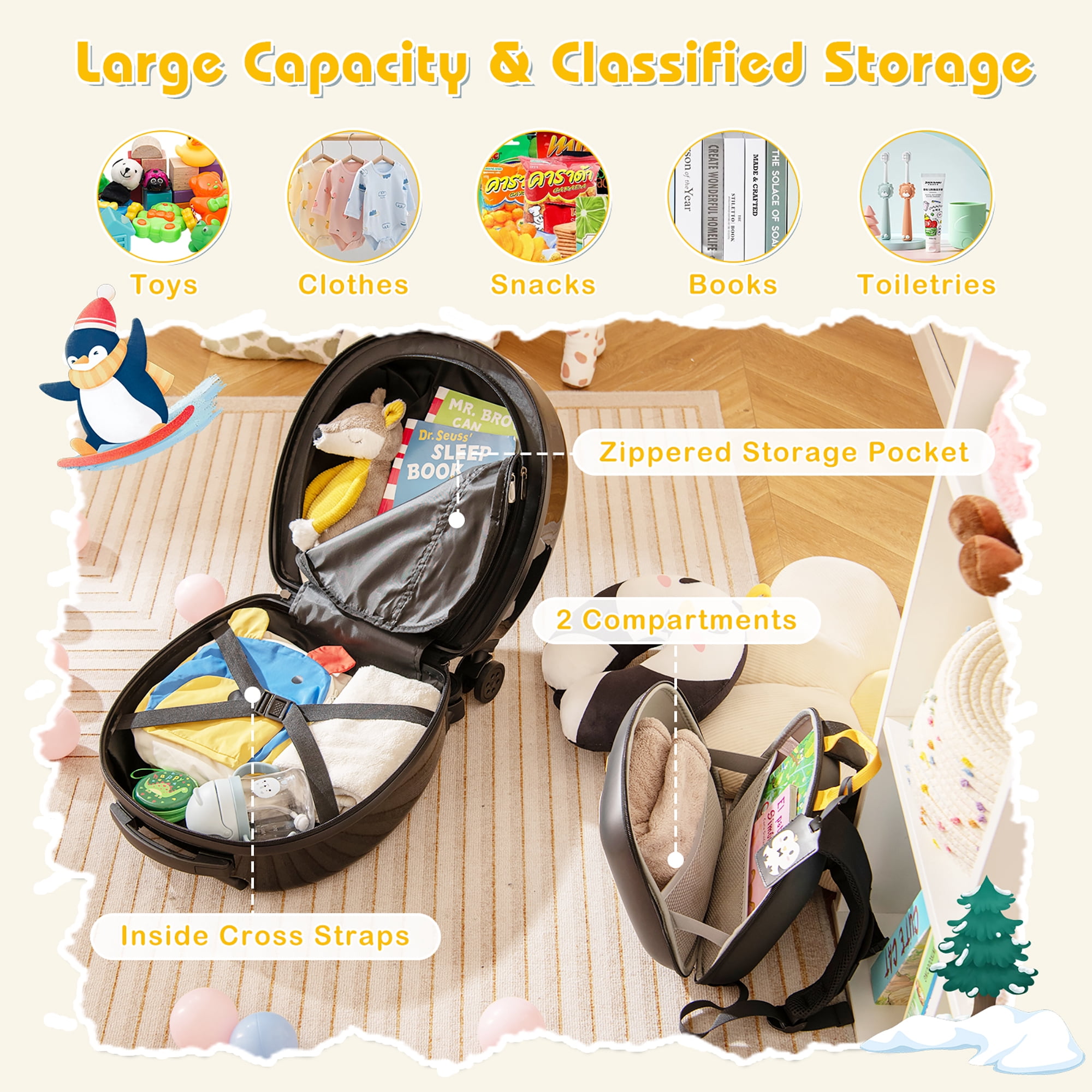 Gymax 4-Piece Kid's Luggage Set w/ 14'' Carry-on Hardside Spinner Toddler Luggage Black