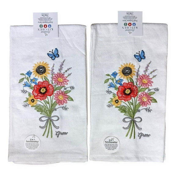 Set of 2 FLOWER MARKET Embroidered Terry Kitchen Towels by Kay Dee Designs