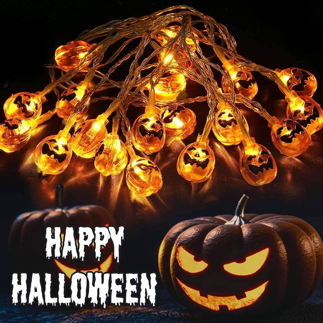 Guirnalda de luces solares de 6 m y 40 LED para Halloween al aire libre, fiestas, jardín, festividades y otoño. Luces de calabaza en blanco cálido (guirnalda 3D).