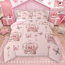 Manfei Pink Princess Crown Queen Comforter Set,Girl Fairy Tale Bedding Sets,Dreamy Butterfly Bedding Comforter Set For Teens,Breathable Home Decor Reversible,3-Piece