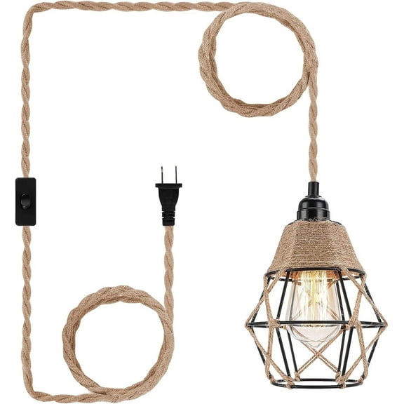 Motent Plug in Pendant Light Fixture, E26 Metal Lampshade with Twist Hemp Hanging Lights for Home Decor Dining Room Kitchen Island Living Room Bedroom