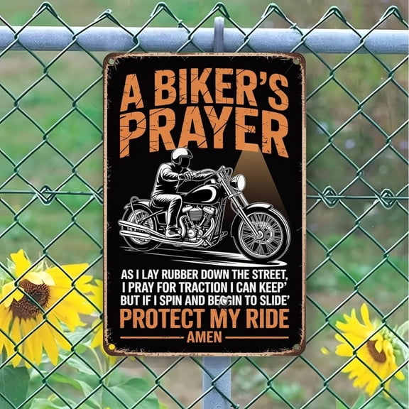 Motorcycle Biker's Prayer Tin Sign Vintage Motorcycle Rider Metal Sign Print Aesthetic, Retro art, Home Decor, Outdoor wall decoration gift, suitable for farms, cafes, bars, 8X12inch