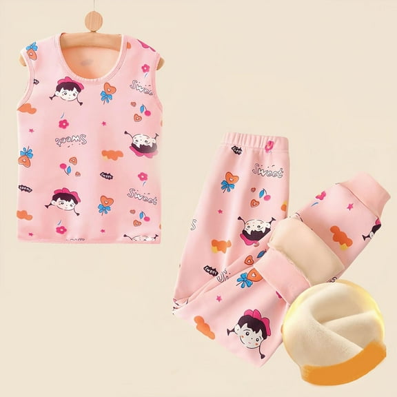 fnnxnal Warm Toddler Girls Thermal Set 3-4T, Pink Cartoon Print Fleece Lined Underwear, 1 Top 1 Pant, Machine Washable for Cold Weather