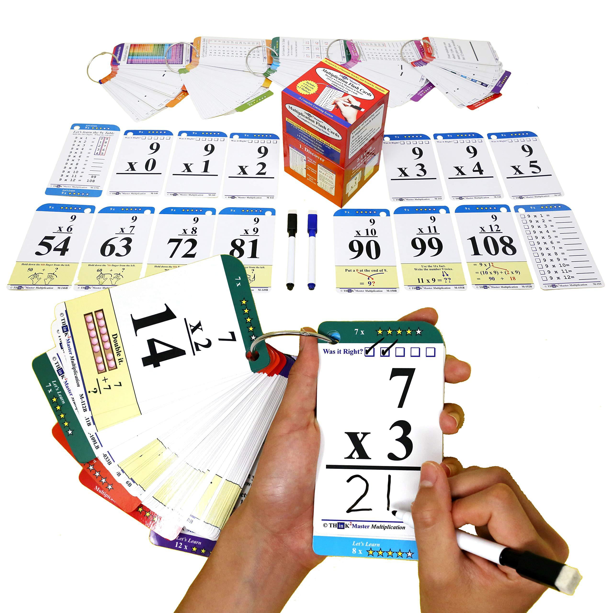 Premium 215 Laminated Multiplication Flash Cards 2 Dry Erase Markers & 5 Rings