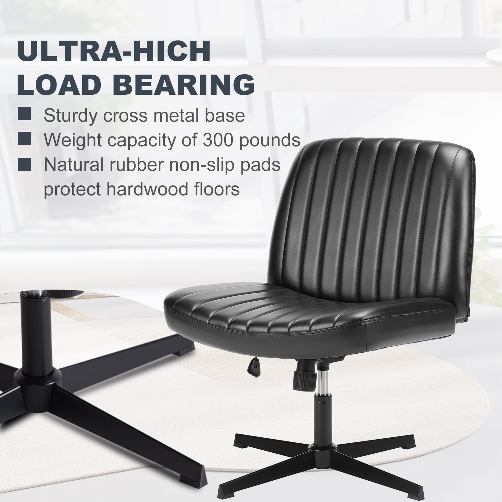 JIOABL Criss Cross Chair Armless Cross Legged Office Desk Chair Adjustable Swivel Ergonomic Desk Chair No Wheels U Shaped Backrest with Wide Seat Computer Task Vanity Chair for Home Office,PU Black
