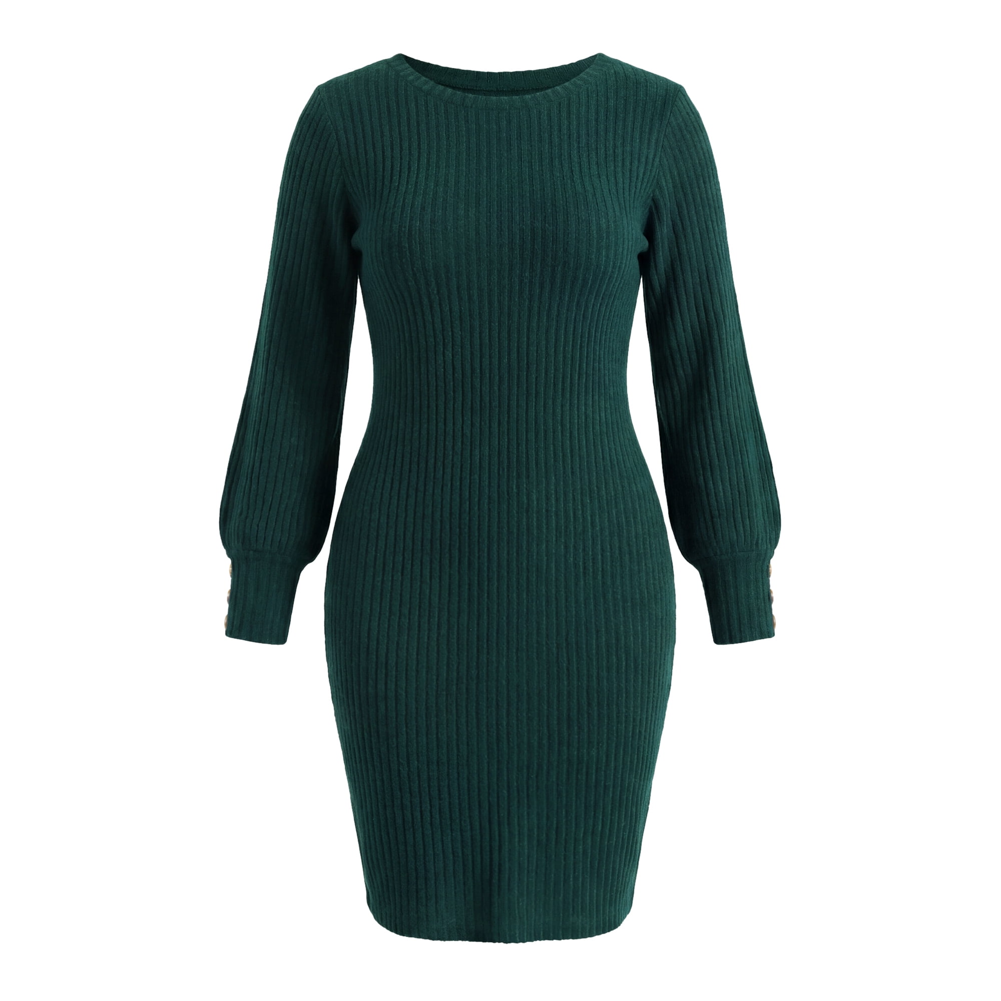 DARING DIVA Women's Plus Sweater Ribbed Knit Lantern Sleeve Dress 3X Dark Green