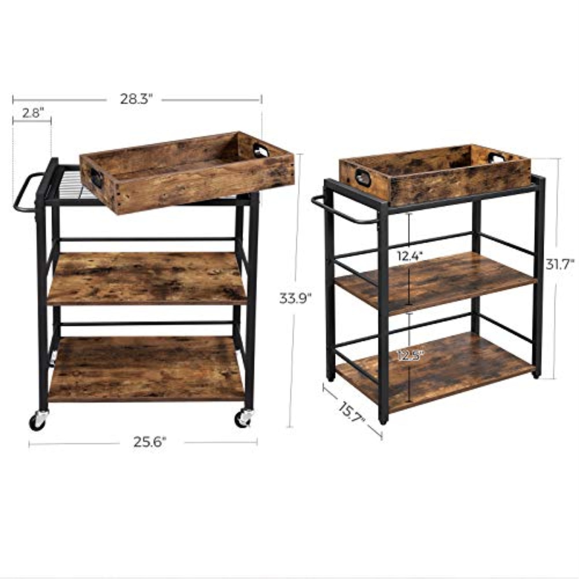 Rustic Brown ULRC72X Universal Casters with Brakes 3-Tier Kitchen Utility Cart on Wheels with Storage VASAGLE ALINRU Kitchen Serving Cart with Removable Tray Leveling Feet