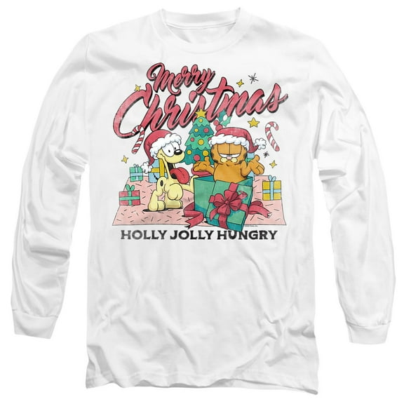 Garfield Merry Christmas Unisex Adult Long-Sleeve T Shirt, White, Small