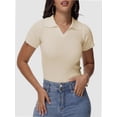 thumbnail image 3 of Women's Short Sleeve V Neck T Shirts Summer Knit Slim Fitted Basic Solid Color Tee Tops, 3 of 6