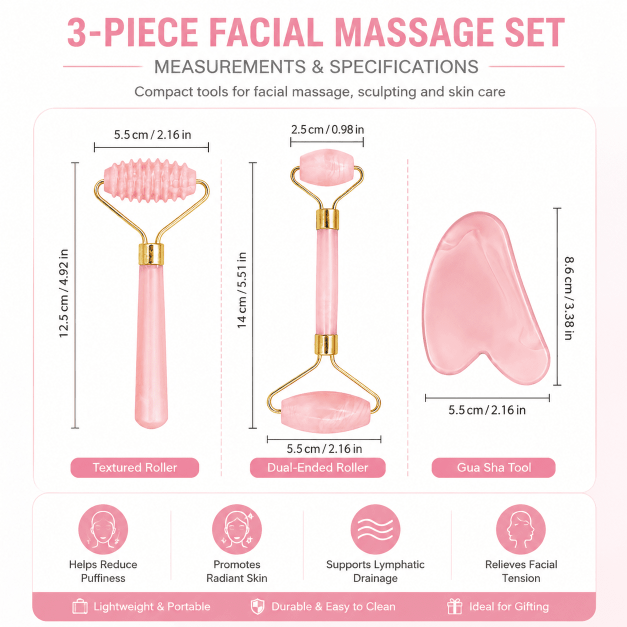 3-piece set of plastic imitation jade spiky roller gua sha board, imitation pink crystal heart-shaped gua sha board, facial massager