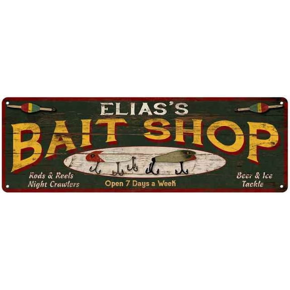 ELIAS'S Bait Shop Sign Wood Look Man Cave Den Gift 6x18 Metal 106180024455