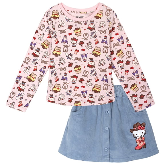 Hello Kitty Toddler Girls' Long Sleeve Tee and Corduroy Skirt Set Pink Blue