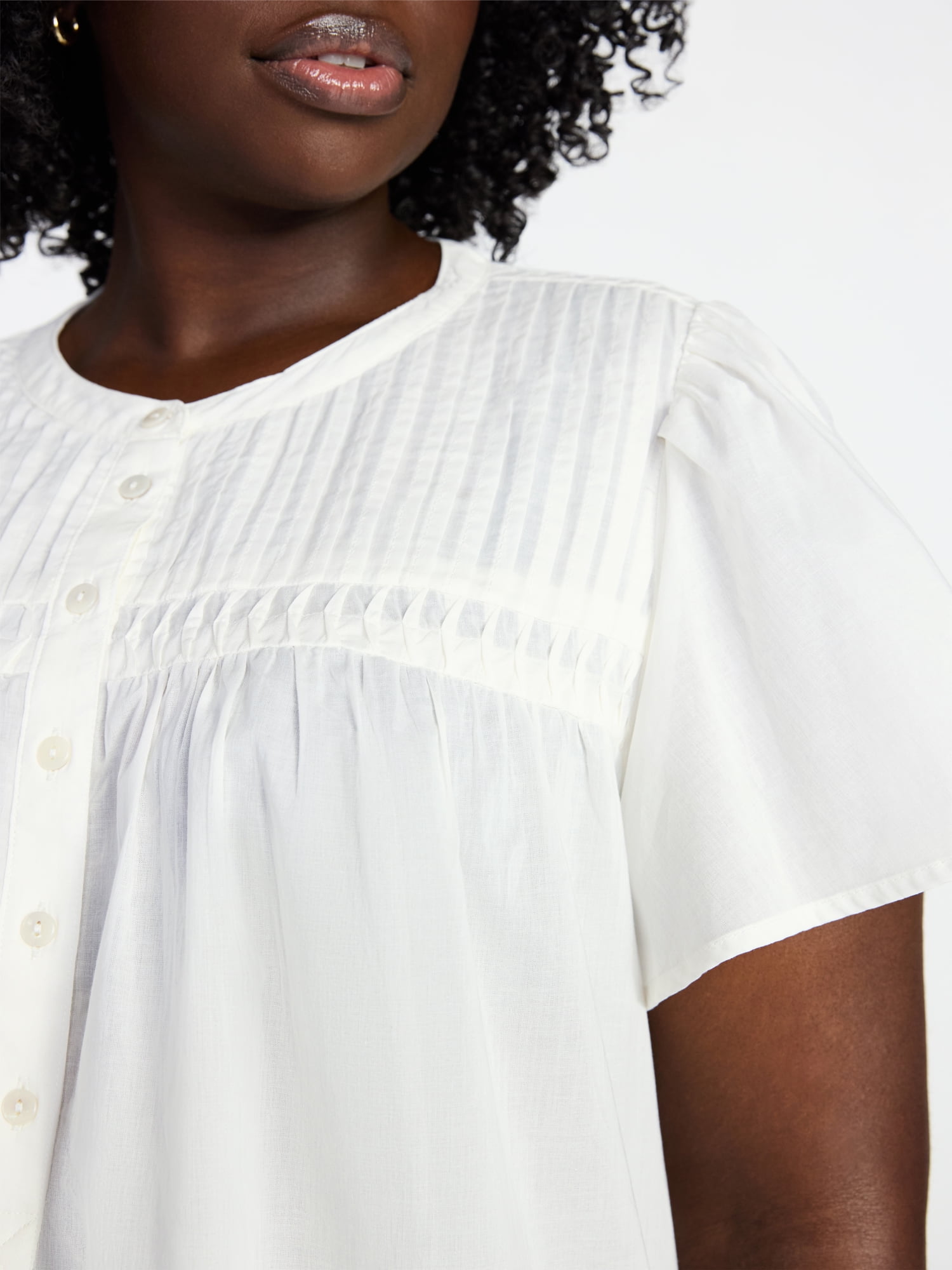 Terra & Sky Women’s Pleated Yoke Top with Short Flutter Sleeves, Sizes 0X-5X