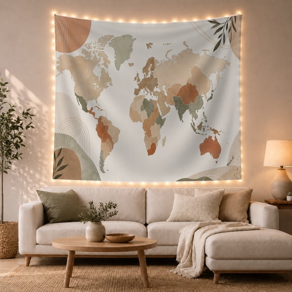 World Map Across an Earthy Botanical Setting, Calming Boho for Travel Lovers, Geography Wall Art, Housewarming Gift, Tapestry Wall Hanging for Bedroom and Study Room